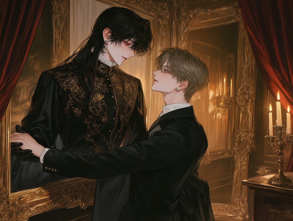 31wcq_'s tweet photo. 더 못 건드리겠다! 액자 속 남자랑 어쩌구 프롬!

(2boys:1.5), (male/male:1.3), gothic romanticism, luxurious antique gallery, warm golden lighting, deep burgundy curtains, dark polished wood, ornate gold frames, candlelight, red roses, rich shadows https://t.co/vzV6EIH7dl