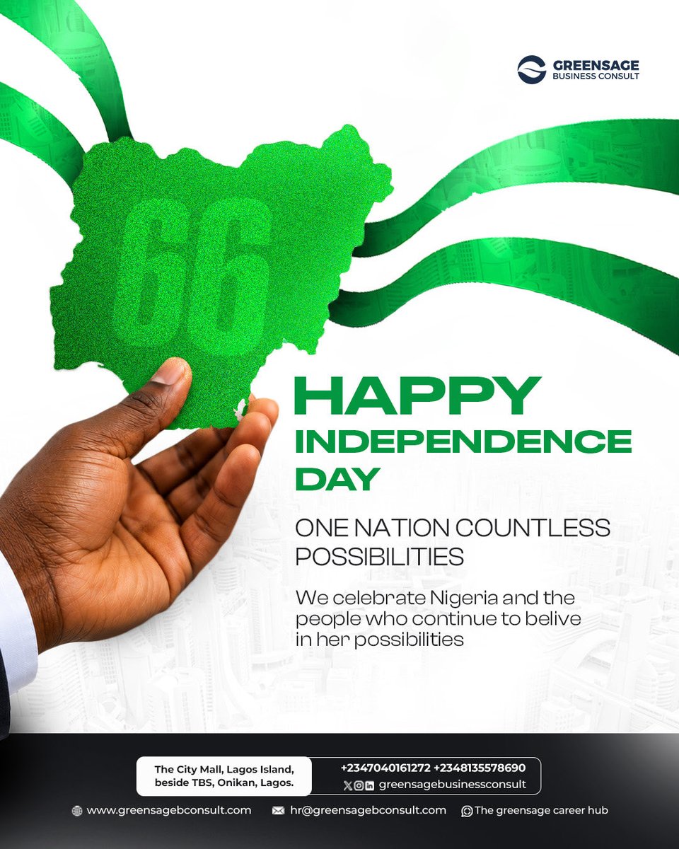 GreensageC's tweet photo. Happy Independence Day, Nigeria. 🇳🇬

66 hearty cheers as a toast to our independence.

Greensage Business Consult remains committed to building workplaces that develop talent, businesses that create opportunities, and people who are equipped to shape a better Nigeria. https://t.co/mBzlfGbYuG