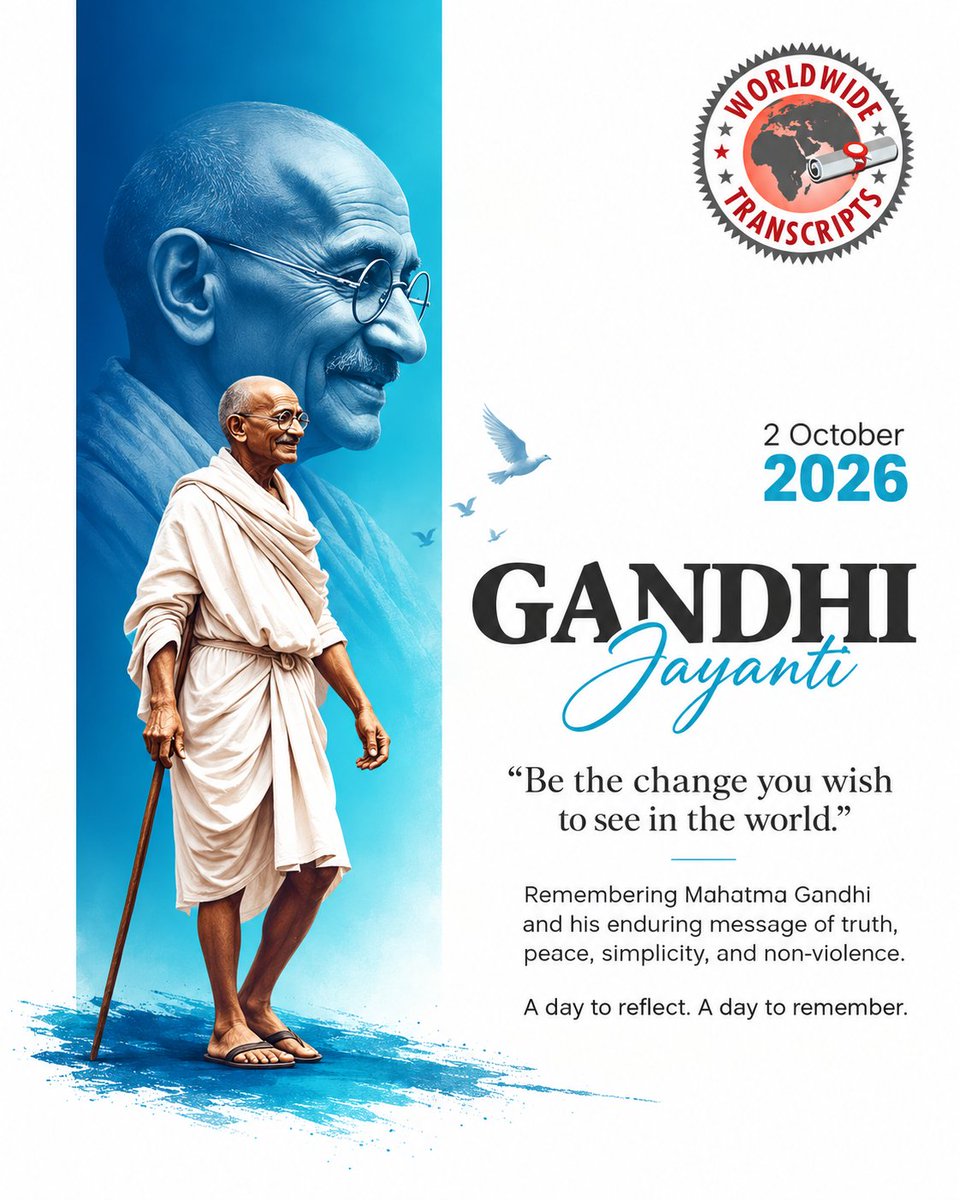 Wwtranscripts's tweet photo. A reminder that some values never go out of time: truth, peace, simplicity and non-violence.
Remembering Mahatma Gandhi and reflecting on the principles that continue to inspire generations.
#GandhiJayanti https://t.co/yLelnlEJZT