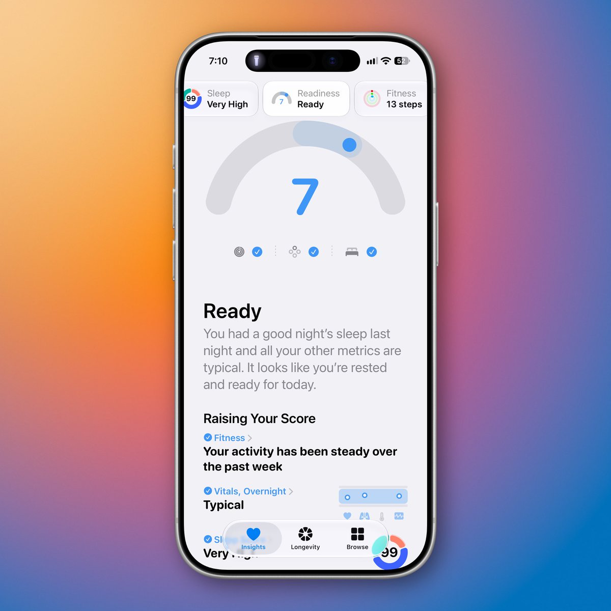nandoprince93's tweet photo. The new Apple Health app is gorgeous 😍 

A massive upgrade over the old version. Way more insight, a better UI, and everything is so much easier to digest.

😴 Sleep scores with detailed breakdowns
⚡ Readiness scores with context for your day
❤️ Clearer heart rate and vitals views
🧠 Apple Intelligence powered insights
🌱 New Longevity tab for long term trends

Currently available to test in iOS 27.2 beta on iPhone 15 Pro/Pro Max and newer Apple Intelligence compatible iPhones. Some features require a compatible Apple Watch.

Are you trying it yet? 👀