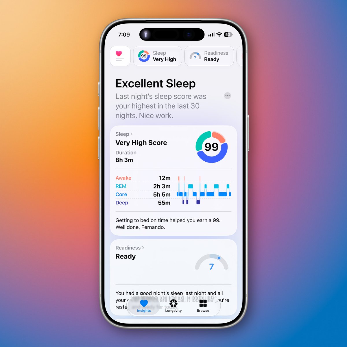 nandoprince93's tweet photo. The new Apple Health app is gorgeous 😍 

A massive upgrade over the old version. Way more insight, a better UI, and everything is so much easier to digest.

😴 Sleep scores with detailed breakdowns
⚡ Readiness scores with context for your day
❤️ Clearer heart rate and vitals views
🧠 Apple Intelligence powered insights
🌱 New Longevity tab for long term trends

Currently available to test in iOS 27.2 beta on iPhone 15 Pro/Pro Max and newer Apple Intelligence compatible iPhones. Some features require a compatible Apple Watch.

Are you trying it yet? 👀
