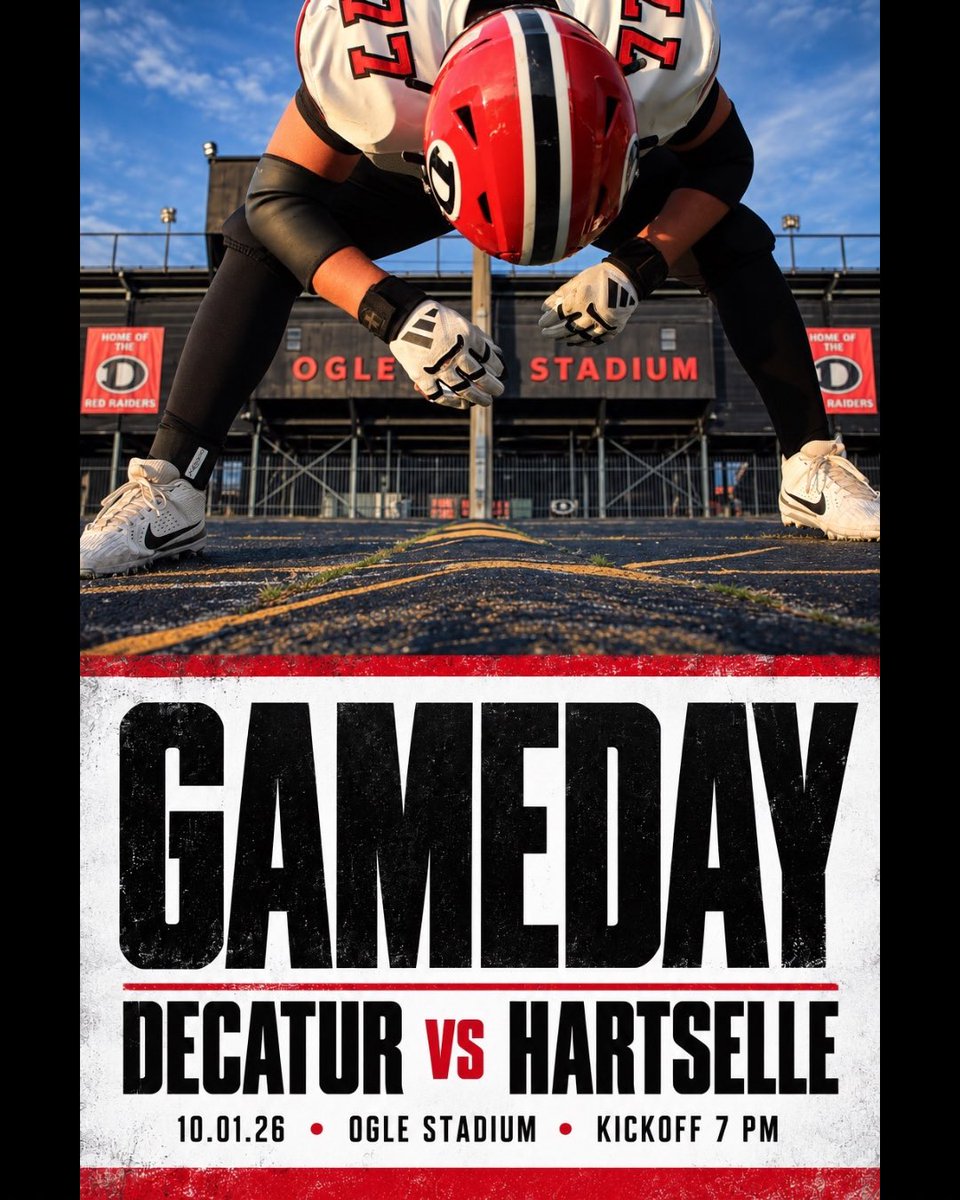 dhsfoot_ball's tweet photo. IT IS GAMEDAY!  Decatur vs Hartselle  at Ogle Stadium  Thursday, Oct 1st! Kickoff at 7pm. 
#fn5gl 
#Entry 
#RedRaiders 
#Tradition 
@TMobile https://t.co/By9zxgTu4K
