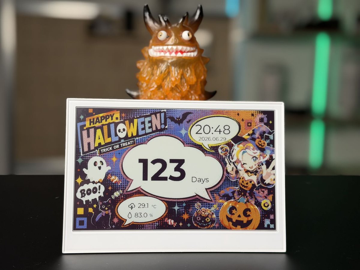 seeedstudio's tweet photo. 🎃 Count down to Halloween in anime style.

Halloween Countdown by Kawi brings a festive countdown, real-time clock &amp; date, plus temperature and humidity to the reTerminal E1002.

Built with SenseCraft Seeedash, no code.

Explore the design 👉 https://t.co/nMoI9Zqdd4 https://t.co/YN7nvEb774