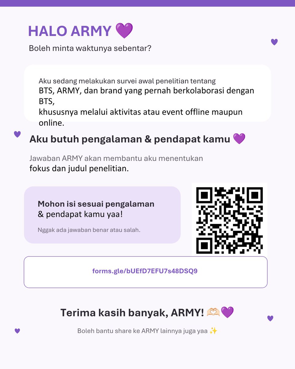 synraverse's tweet photo. ARMY, boleh minta bantuannya sebentar? 🥹💜

🔗 https://t.co/VJ1e9Miq5A

Kalau berkenan, boleh bantu RT/share ke ARMY lainnya juga yaa 🥹💜
Makasih banyak untuk yang sudah meluangkan waktunya! 💜

#BTS #ARMY #BTSARMY #ARMYIndonesia https://t.co/HSoMxnXg85