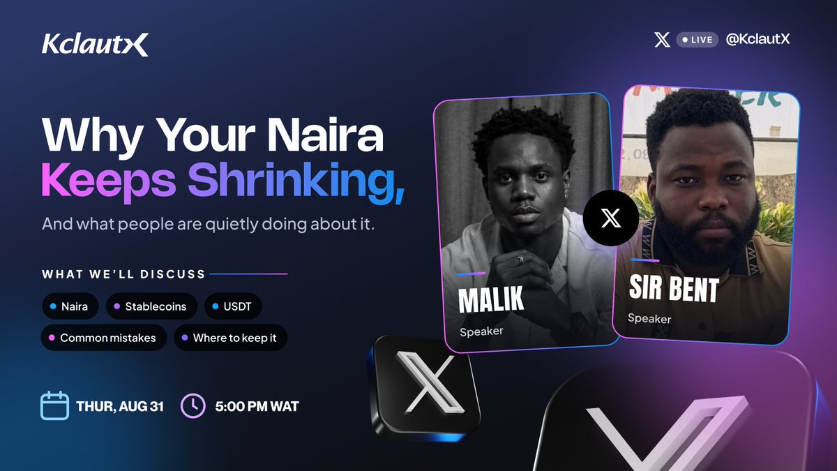 SirDavidBent's tweet photo. By 5:00pm tomorrow, I'll be having a space with @xxvmalik &amp; @KclautX to discuss a very important conversation:

“Why Your Naira Keeps Shrinking” 

If you're a crypto trader, freelancer or remote worker, you don't want to miss this space. 

Set a reminder:
https://t.co/KYzMVbahsZ https://t.co/h2OERWh5lL