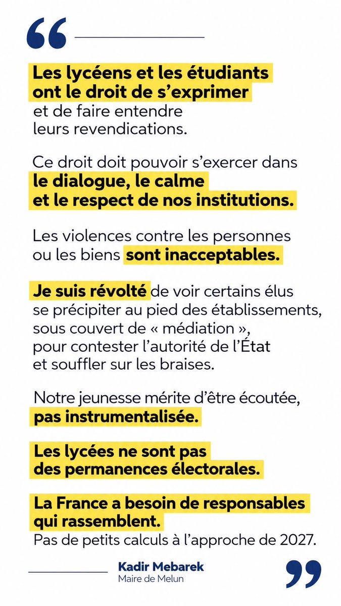 Kadir_Mebarek's tweet photo. Notre jeunesse mérite d’être écoutée, pas instrumentalisée [...]

#Manifestation #Lycées #Blocages https://t.co/g5auzw0DLj
