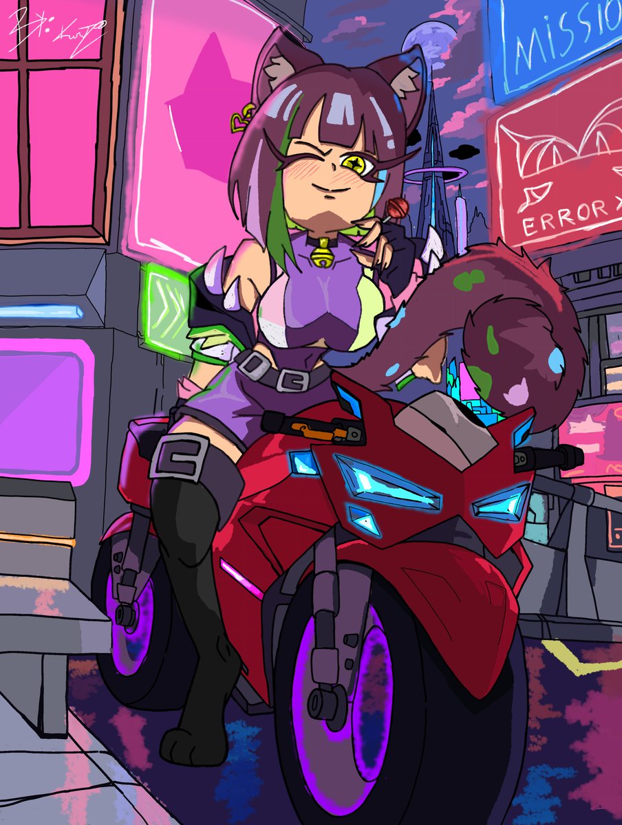 ZonadoKurt's tweet photo. Arte completa da @YasmimReisOFC, andando de motoca sobre Night City. https://t.co/uCK0JlLRIh