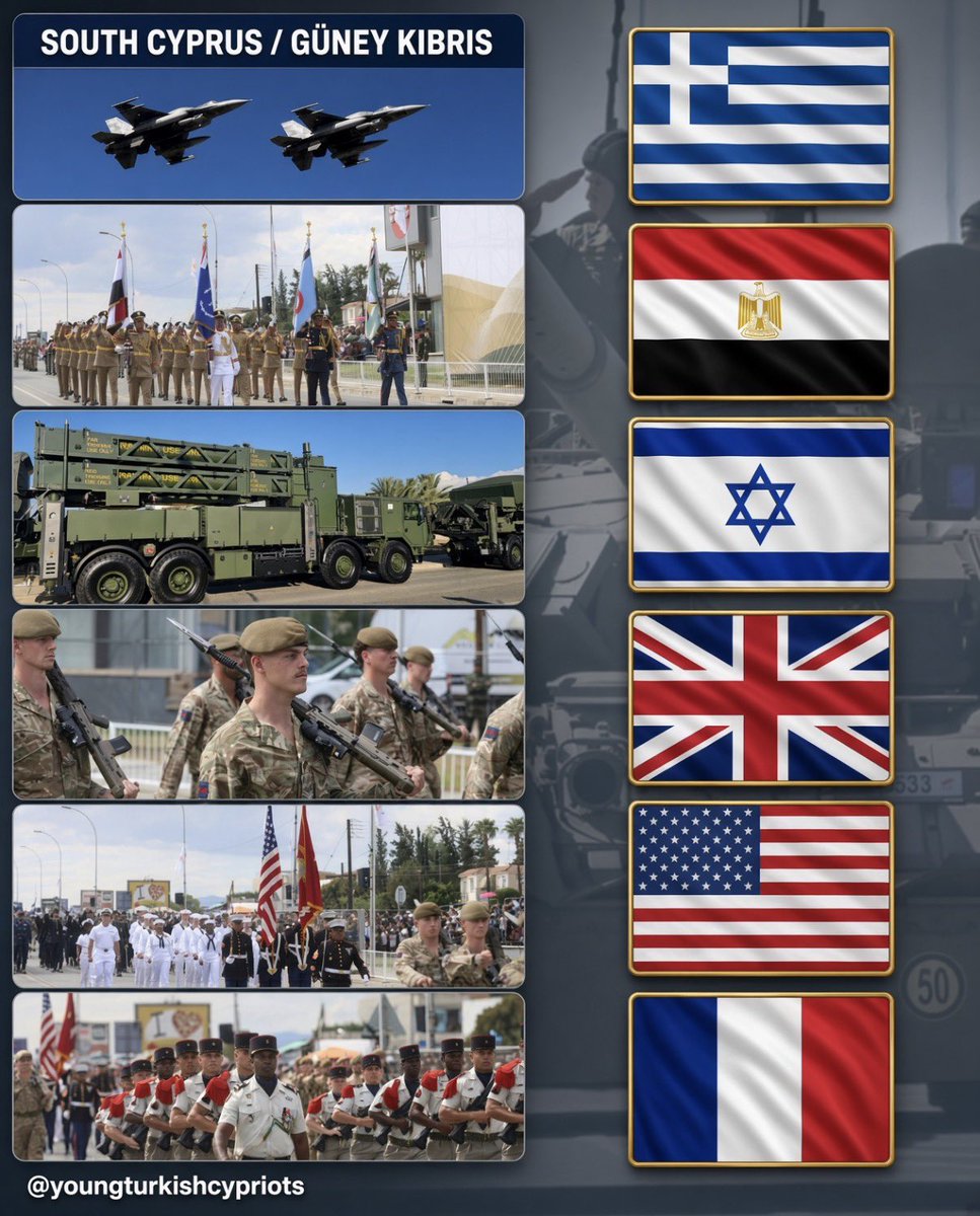 Young_Turk_Cyp's tweet photo. Troops from Egypt, the UK, France and the US marched in the Greek Cypriot Administration's so-called "independence day" parade. 

The island has had over 52 years of peace, so why is the Greek Cypriot side so intent on disrupting it? https://t.co/OqyBqaDfIW