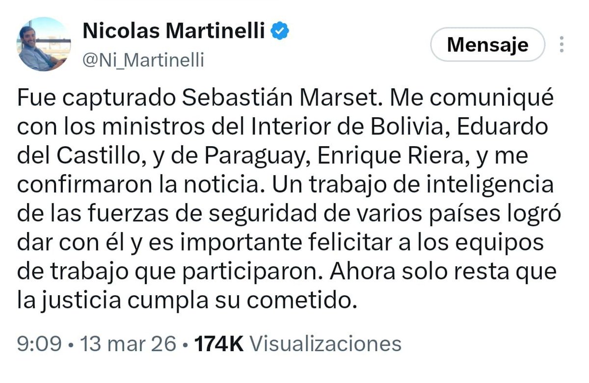 EPreve's tweet photo. 🚨 ¿Y ESTO?

✔️Fue detenido en Bolivia el ex ministro del Interior. Eduardo del Castillo. con quien el senador uruguayo Nicolás Martinelli dijo que había hablado tras la captura del narco Sebastián Marset en ese país (ver captura posteo X de Martinelli). 

✔️ Según los medios bolivianos, Del Castillo resultó detenido por haber recibido de Marset, mientras era ministro, 500.000 dólares y mensualidades para que el narco uruguayo pudiera operar en Bolivia sin ser capturado.

✔️ Marset fue detenido en marzo de este año en un operativo liderado por la DEA en Bolivia.