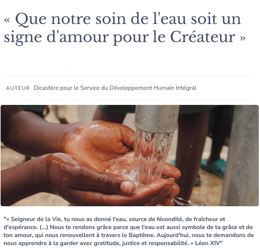vaticanIHD_FR's tweet photo. 💧 En ce mois où le pape Léon XIV nous invite à prier « Pour la protection de l’eau », nous nous souvenons que l’eau est un don du Père destiné à toute la famille humaine. 

Pour en savoir plus 👉  https://t.co/TLNZVLosg1 https://t.co/BsPO3UtXmM