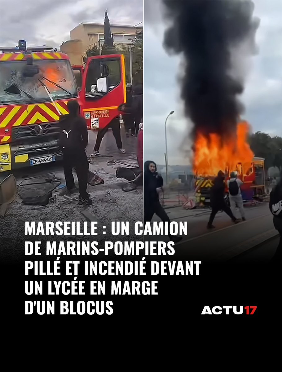Actu17's tweet photo. 🔴 Marseille : Un camion de marins-pompiers pillé et incendié devant un lycée en marge d'un blocus

Un bus de la RTM a également été incendié ➡ https://t.co/vTKLyhrnKk https://t.co/7nP5UkYp6e