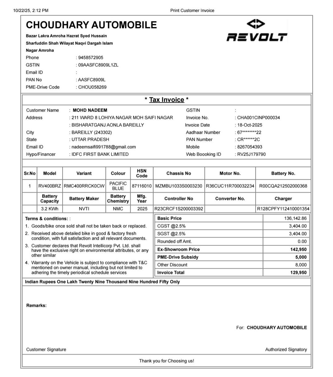 saifikalim's tweet photo. @RevoltMotorsIN I paid all amount to Sanjay Singh Revolt Hub Badaun dealer .
I recieved Invoice on  the name of Amroha Dealer Still No Docs were provided till now. I am tired. https://t.co/wNg3xhF90F