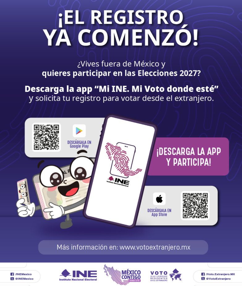 EmbaMexRus's tweet photo. 🌍¿Vives fuera de México y quieres participar en las próximas elecciones? ¡Regístrate antes del 25 de febrero de 2027! 🗳

#VotoExtranjero #INEMéxico https://t.co/bYH55FA6PS