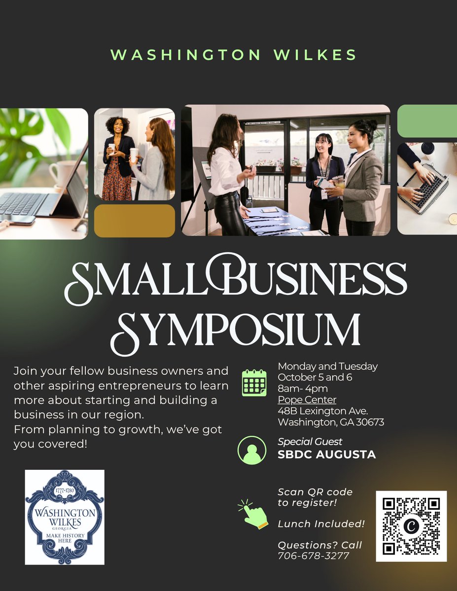 GreeneGaCCOC's tweet photo. The City of Washington is hosting a two-day Small Business Symposium at the Pope Center in Washington.

#GCCoC #GreeneCountyChamber #ChamberMember #LocalEvents https://t.co/V1w4Zysm8A
