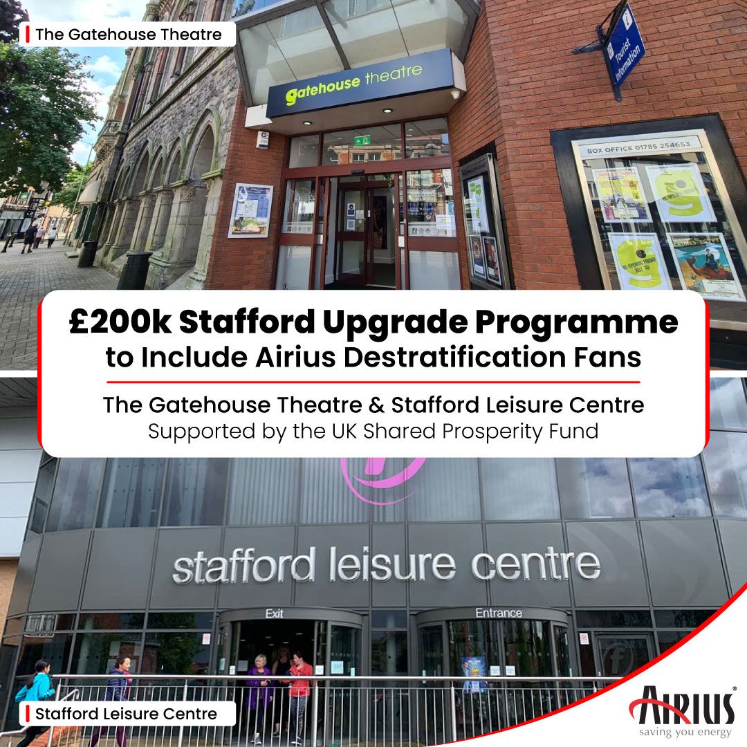 Airius_Fans's tweet photo. @StaffordBC and @FreedomLeisure were awarded a £200,000 of improvements supported by the UK Shared Prosperity Fund.
Airius destratification fans were installed at @Staff_Gatehouse Theatre and @StaffordLeisure, supporting more efficient HVAC operation.
#Airius #Destrat https://t.co/B40HWRXruz