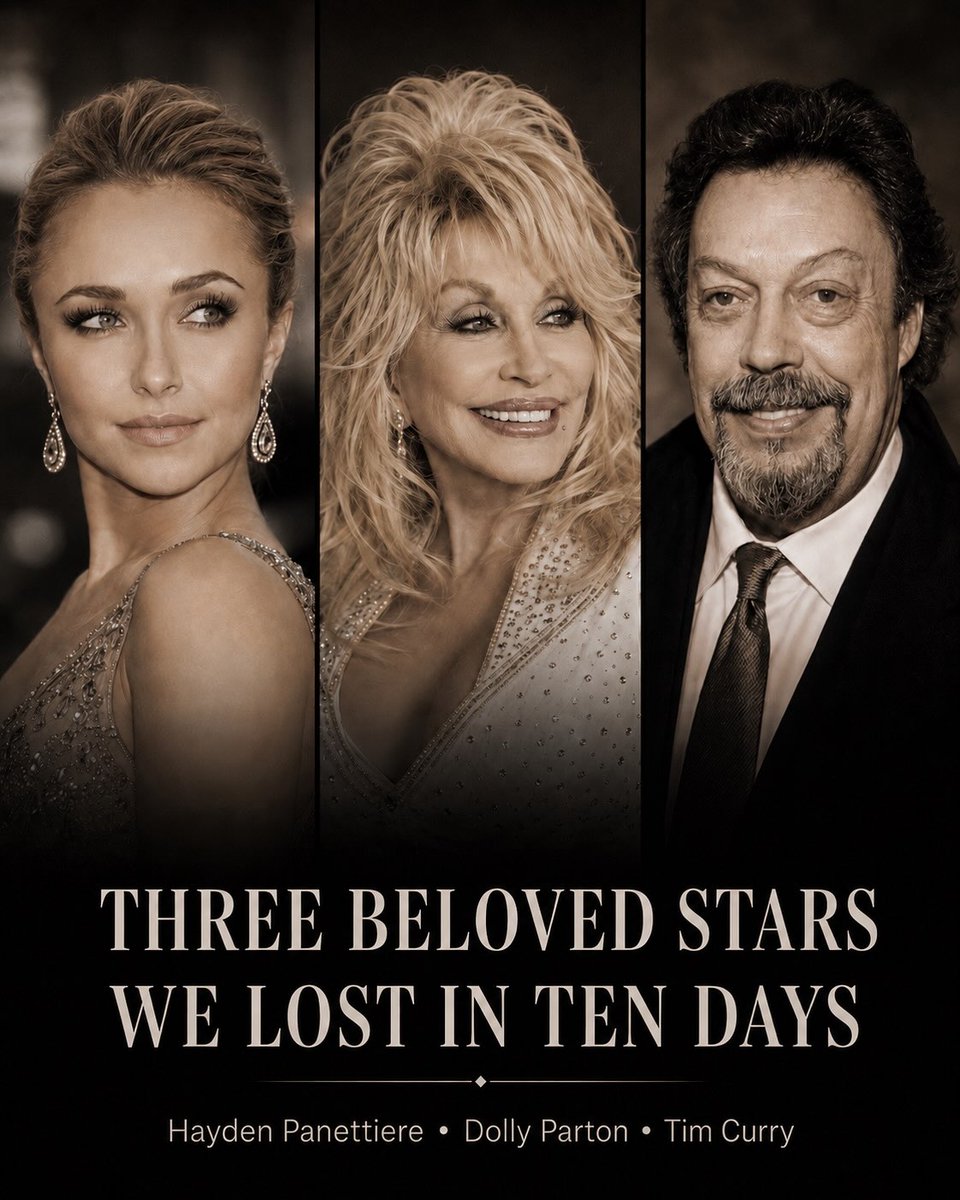 JOrDaN_LUvEr01's tweet photo. Photo by @legends30000 on August 26, 2026. May be an image of people, a poster, a magazine, and text reading: “Three beloved stars we lost in ten days: Hayden Panettiere, Dolly Parton, Tim Curry. https://t.co/MLpCCrXOey