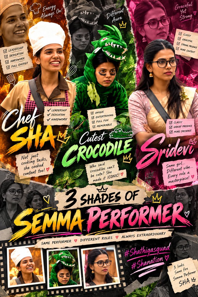Siva_Aarav's tweet photo. Chef Sha with the fire 🔥 Crocodile Sha with the fun 🐊 Sridevi Sha with the grace ✨ 3 shades, 3 vibes, one SEMMA PERFORMER 👑❤️‍🔥 #Shathiga #BiggBossTamil10 #BiggBoss10Tamil
https://t.co/LobxI6AGHm https://t.co/pnv3JqjUEe