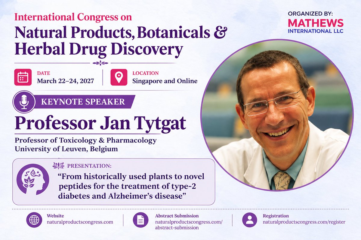 NP_Discovery's tweet photo. 🔬 Professor Jan Tytgat | NP Discovery 2027
Explore historically used plants and novel peptides for research in type 2 diabetes &amp; Alzheimer’s disease.
📅 Mar 22–24, 2027 | Singapore &amp; Online
https://t.co/bCymhOgXQJ https://t.co/QdE1n1KI1O