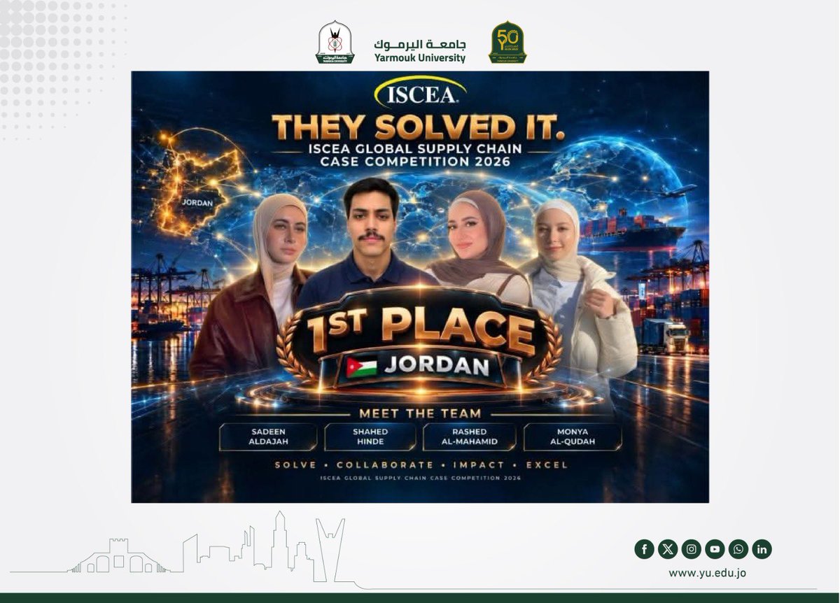 YarmoukUni76's tweet photo. "اليرموك": فريقان طلابيان يتأهلان للمستوى الإقليمي في مسابقة "إيسكا" العالمية لسلاسل الإمداد

التفاصيل في التعليق الأول 

#جامعة_اليرموك #كلية_الأعمال #ISCEA #SupplyChain #SupplyChainManagement #Leadership #StudentSuccess #YarmoukUniversity #HigherEducation #Jordan #FutureLeaders https://t.co/pL2JCekp5n