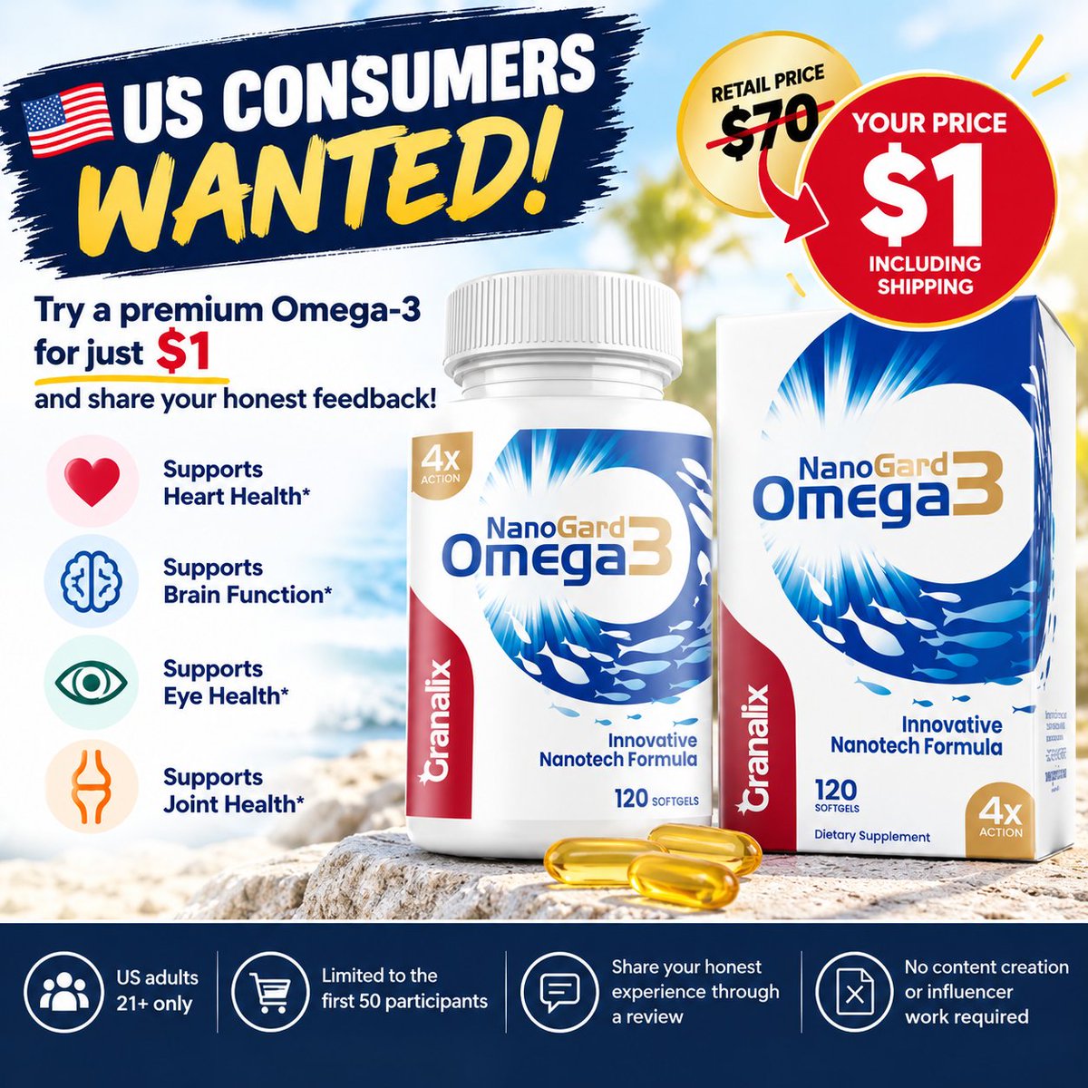 MarizEscosura's tweet photo. $70 Omega-3 for just $1?!
Weโre looking for US adults 21+ to try NanoGard Omega 3 and share their honest experience. No influencer work or content creation required.
Would you try it? YES or NO?
#Omega3 #Wellness #ProductTesting #USConsumers #HealthyLifestyle https://t.co/D7xebIfqhK