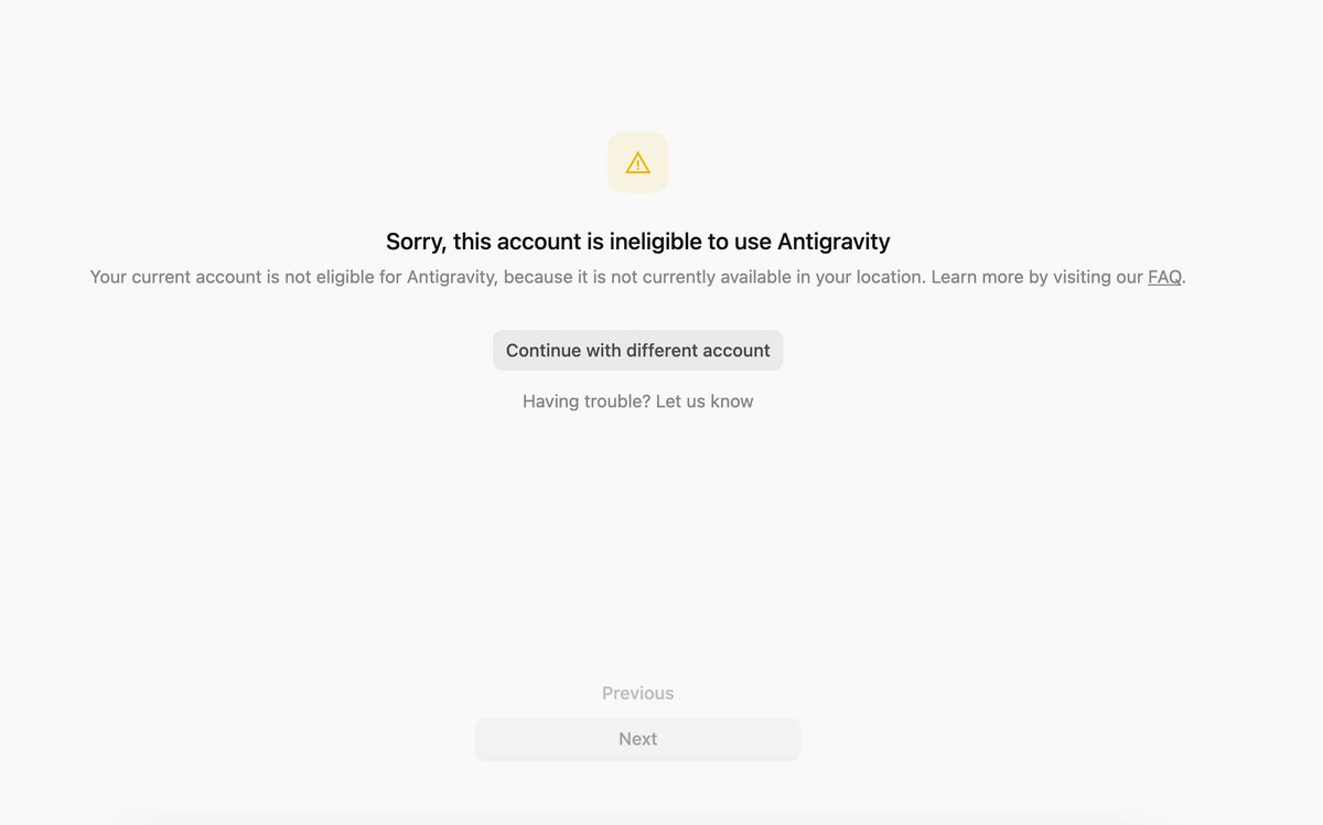 DenysDeng's tweet photo. 好久没碰 Google Antigravity 了，刚想用一下，记得以前是能用的。登录后却提示“所在地区不可用”。这到底是梯子/节点的问题，还是账号地区的问题？账号地区能改吗？有懂的朋友吗？🙏 https://t.co/fmL8zeTw5e