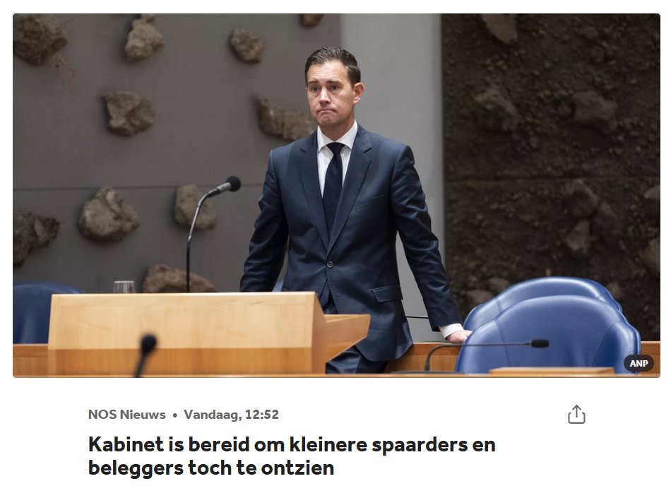 JasperDLT's tweet photo. Ach, we weten allemaal hoe dit gaat aflopen.

- Terug naar €1.800 heffingvrij
- Het tarief blijft 36%, wat compleet belachelijk is
- Crypto en goud? Jammer joh, gewoon aftikken op papieren winst tot op z'n minst 2030. 

En tussendoor wordt fictief rendement in 2027 gezet op +8%, want iemand moet het betalen. 

Gefeliciteerd hé! 

*VVD klopt zich op de borst met geweldig plan*