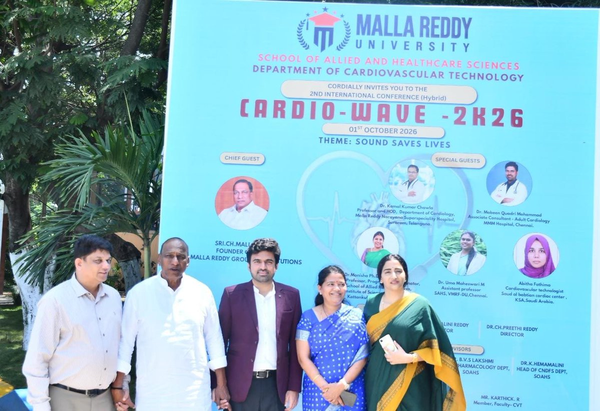 chmallareddyMLA's tweet photo. మేడ్చల్ నియోజకవర్గం గుండ్లపోచంపల్లి మున్సిపాలిటీ మైసమ్మ గూడ లోని మల్లారెడ్డి యూనివర్సిటీ స్కూల్ అఫ్ allied అండ్ హెల్త్ కేర్ సైన్సెస్ డిపార్ట్మెంట్ అఫ్ కార్డివాస్కులర్ టెక్నాలజీ ఆధ్వర్యంలో జరిగిన 2వ ఇంటర్నేషనల్ కాన్ఫరెన్స్ cardio wave 2026 కార్యక్రమంలో పాల్గోనడం జరిగింది. https://t.co/2OV1WndAOU