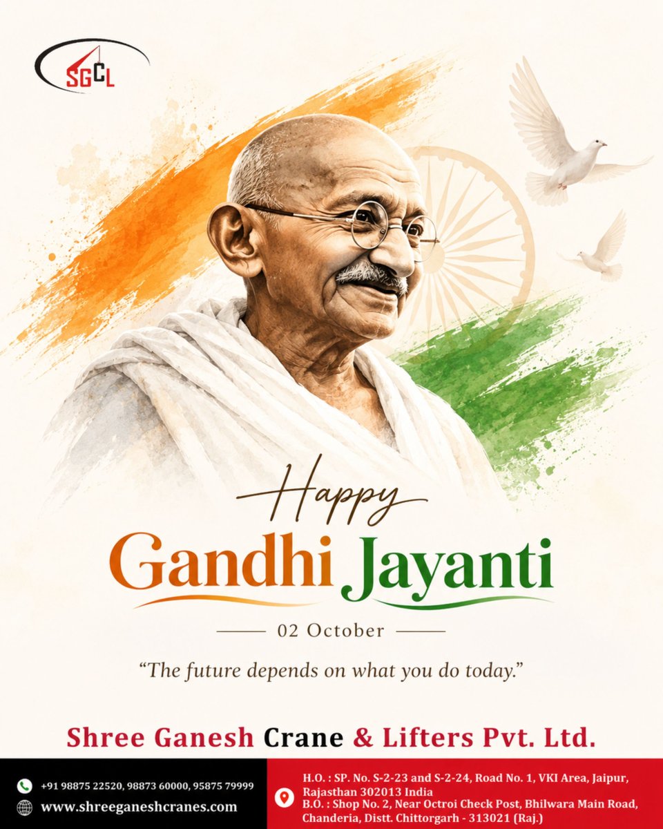 ShreeCrane's tweet photo. A legacy built on truth, strengthened by courage, and remembered through peace. 

On Gandhi Jayanti, we honour Mahatma Gandhi and the values that continue to inspire generations around the world.

Happy Gandhi Jayanti! 🇮🇳

https://t.co/wYu86YBp5j

#GandhiJayanti #ShreeGaneshCrane https://t.co/gvTIuvwj8K