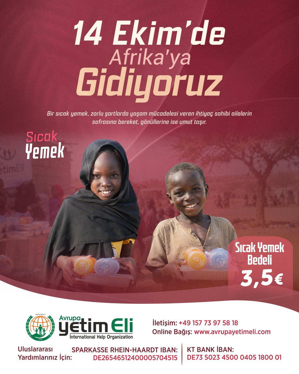 Avrupa_Yetimeli's tweet photo. 🇹🇷14 Ekim'de Afrika'ya gidiyoruz.🍀

Bir sıcak yemek, zorlu şartlarda yaşam mücadelesi veren ihtiyaç sahibi ailelerin sofrasına bereket, gönüllerine ise umut taşır.

Sıcak Yemek Bedeli 3,5 € 

🇩🇪Am 14. Oktober reisen wir nach Afrika !

Eine warme Mahlzeit unterstützt bedürftige Familien unter schwierigen Lebensbedingungen und schenkt ihnen neue Hoffnung.

Warme Mahlzeit: 3,50 €