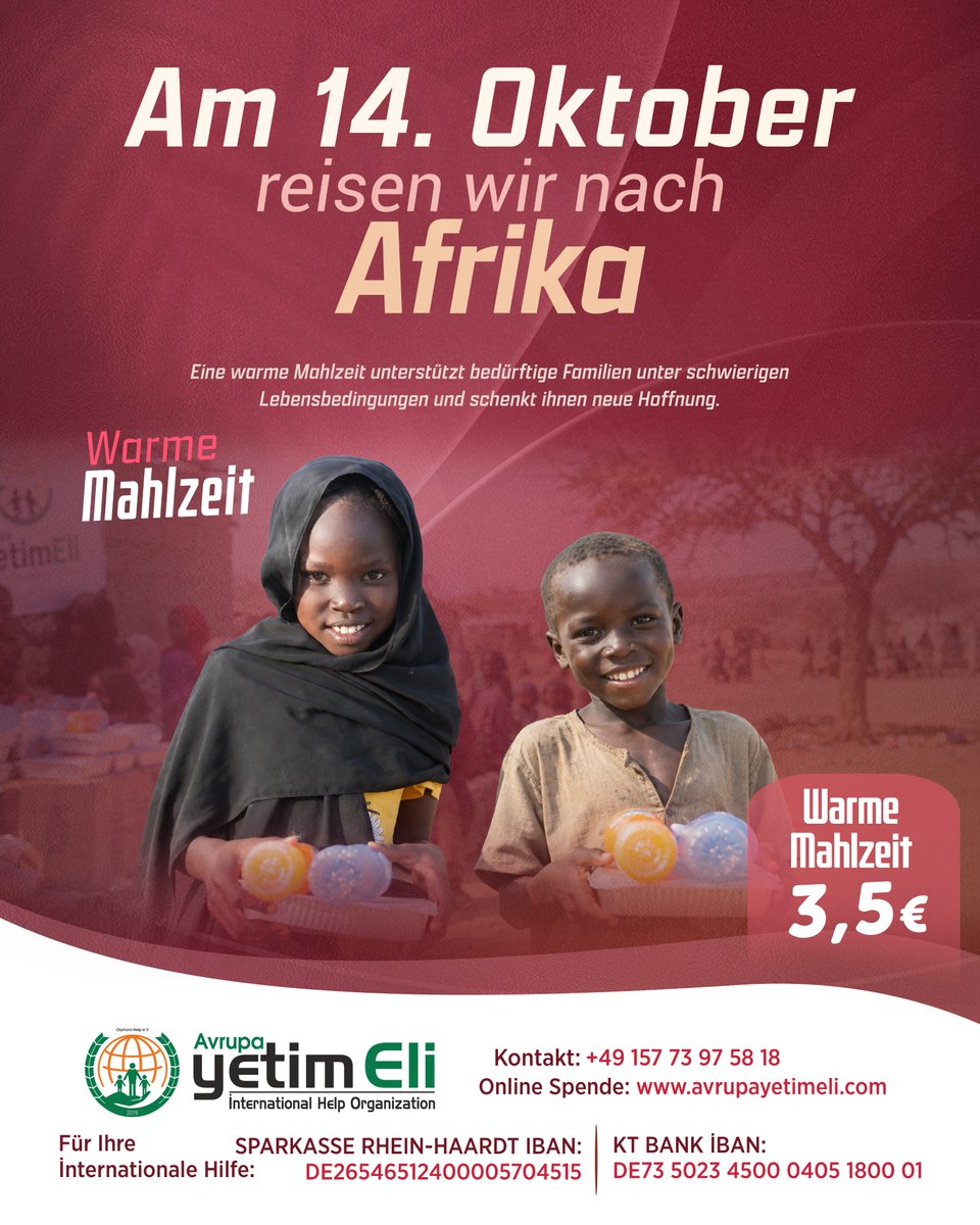Avrupa_Yetimeli's tweet photo. 🇹🇷14 Ekim'de Afrika'ya gidiyoruz.🍀

Bir sıcak yemek, zorlu şartlarda yaşam mücadelesi veren ihtiyaç sahibi ailelerin sofrasına bereket, gönüllerine ise umut taşır.

Sıcak Yemek Bedeli 3,5 € 

🇩🇪Am 14. Oktober reisen wir nach Afrika !

Eine warme Mahlzeit unterstützt bedürftige Familien unter schwierigen Lebensbedingungen und schenkt ihnen neue Hoffnung.

Warme Mahlzeit: 3,50 €