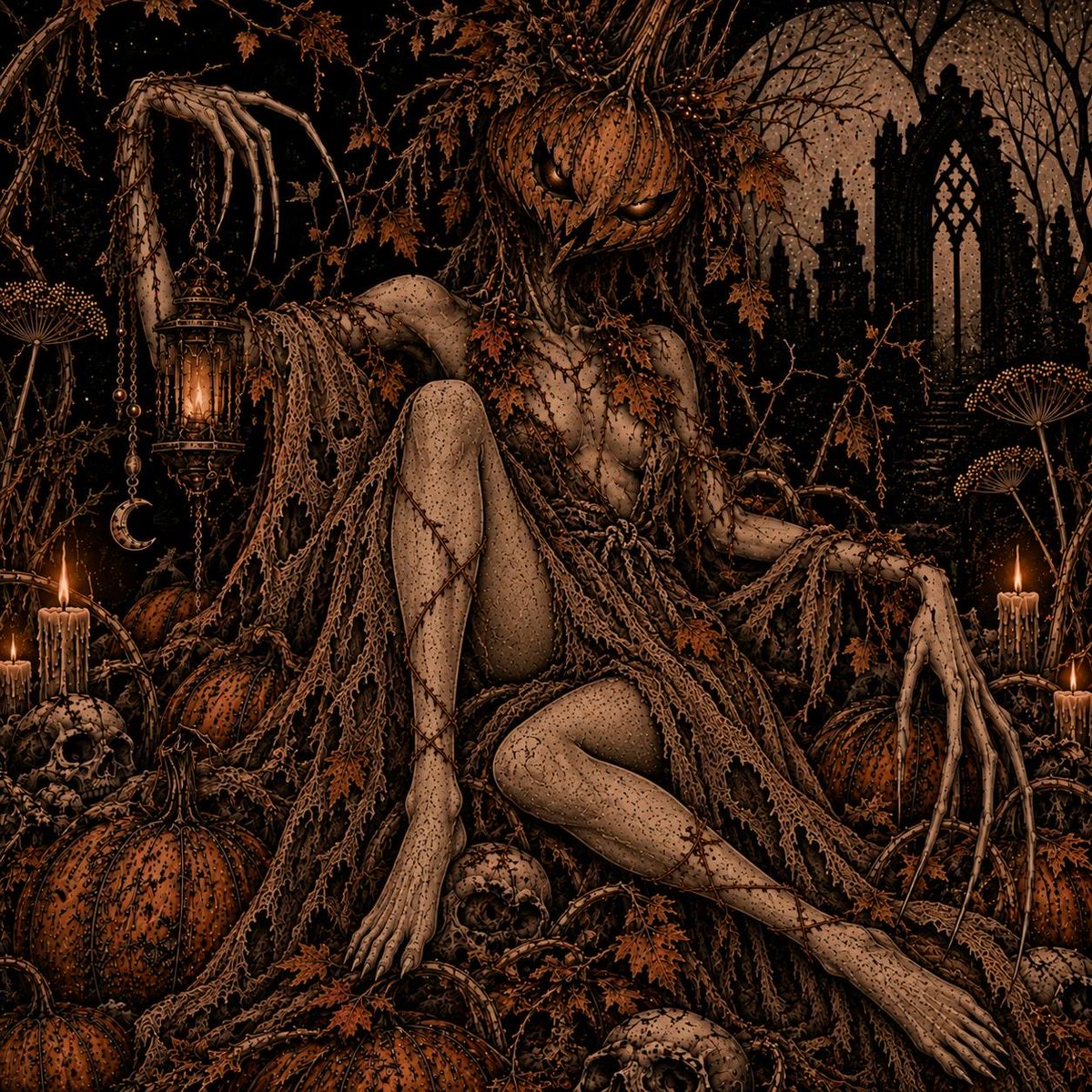 karinarthouse's tweet photo. Happy October 1st  guys 🍂

🎃THE LAST LANTERN🎃
She carries the last light through a garden of pumpkins, bones, and forgotten souls.

https://t.co/5wTlMh5NtO https://t.co/sRK1kqRpvv