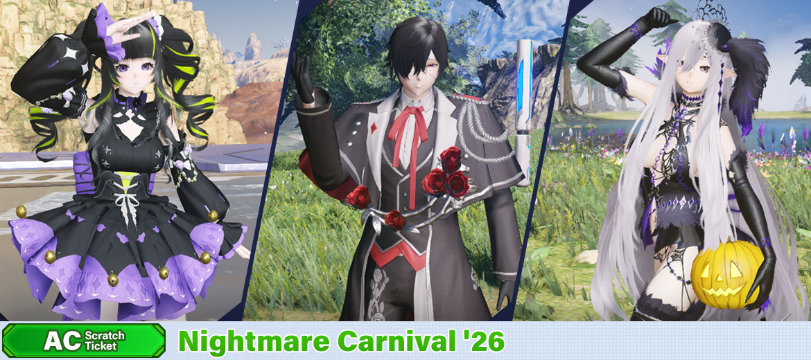 play_pso2's tweet photo. Get spooky! 🎃

AC Scratch Ticket: Nightmare Carnival '26 brings vampire and witch-inspired avatar items for Halloween!
Look for the Emote: Pumpkin Pose and new Idle Motion: On Display!
https://t.co/2ORkdt2NKq
#NGS #PSO2NGS https://t.co/xLr8qI4E3O