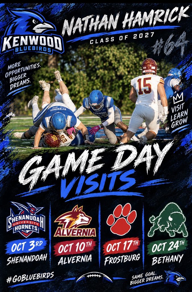 NathanHamrick64's tweet photo. π Oct. 3 β Shenandoah
π Oct. 10 β Alvernia
π Oct. 17 β Frostburg
π Oct. 24 β Bethany
Thank you to all the coaches for the opportunities. Looking forward to each visit! ππ @BigCoachSwain
#AGTG #GoBluebirds #ClassOf2027 #Recruiting #GameDayVisits #OL #64 https://t.co/XEwTqu4eHb