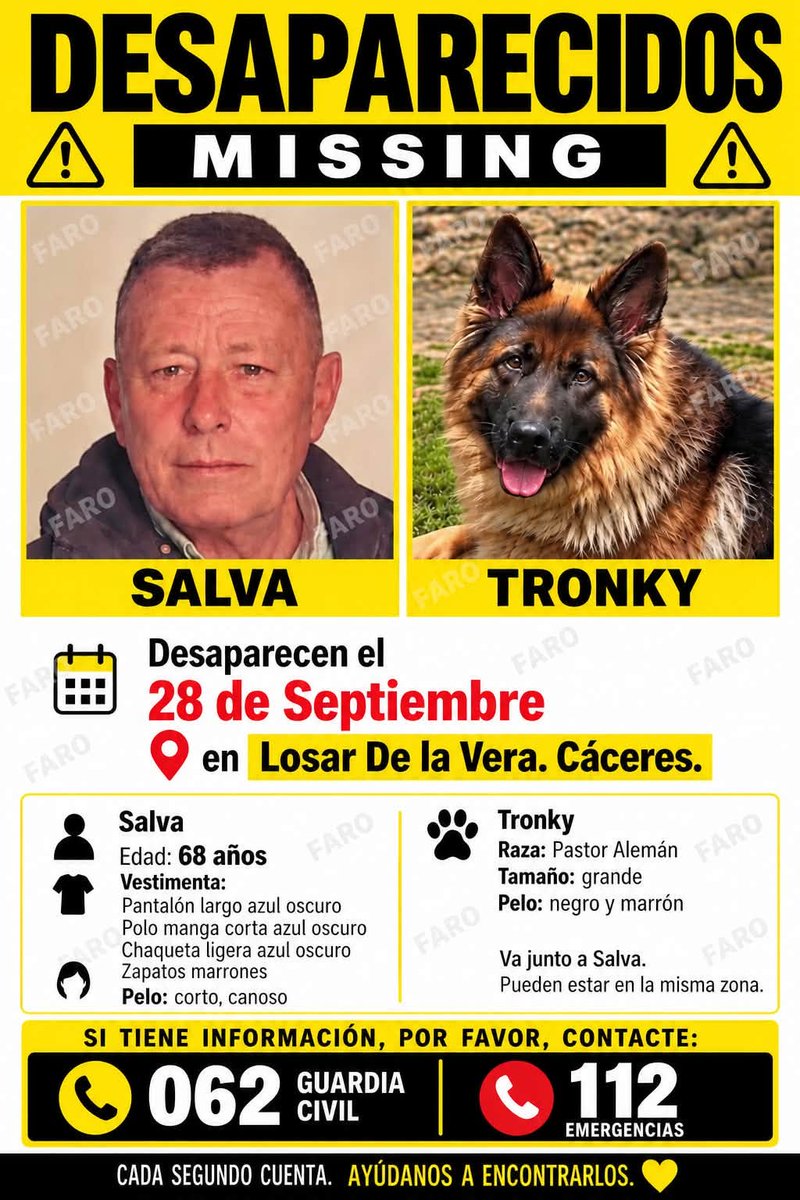 SosAbuelos1's tweet photo. ⚠️ SE BUSCA ⚠️ 
En 𝗟𝗢𝗦𝗔𝗥 𝗗𝗘 𝗟𝗔 𝗩𝗘𝗥𝗔, #𝗖𝗔́𝗖𝗘𝗥𝗘𝗦 a #SALVA y su perro #TRONKI 

Desaparecieron el 28 de septiembre cuando salieron a dar un paseo.

Por favor, si los ves o tienes cualquier información comunícate:

•GUARDIA CIVIL- 062
•EMERGENCIAS- 112

Gracias https://t.co/WSYhcc4lsY