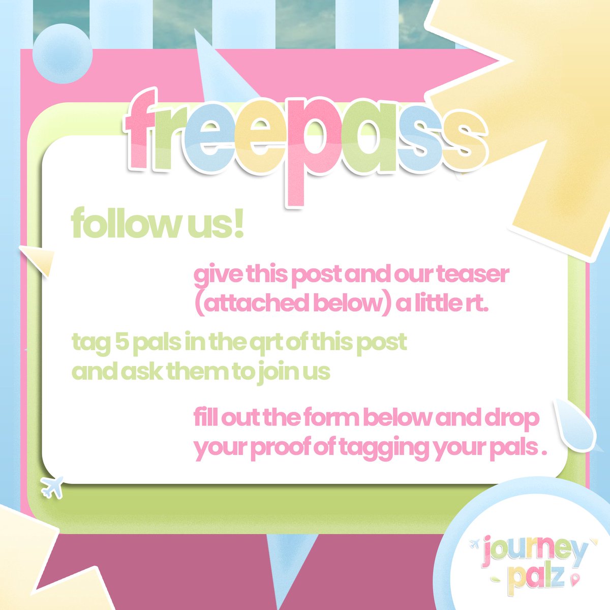 JourneyPalz's tweet photo. 🎟️ ... the freepass is here! be the 2 lucky stars of journey palz without cast screening! make sure to read the rules written below to participate. https://t.co/OJnE9XiIx2
