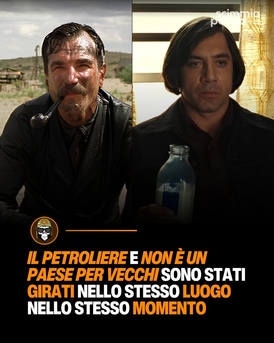 pixitnings3's tweet photo. Photo by LaScimmiaPensa. com on August 22, 2026. It may be a meme featuring a poster and the text: “There Will Be Blood and No Country for Old Men were filmed in the same place at the same time. https://t.co/zDvFMaF5mQ