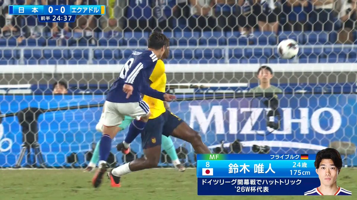 The image shows a soccer match between Japan and Ecuador with a 0-0 score at 24:37 in the first half, featuring a Japanese player (in blue) challenging an Ecuadorian player (in yellow) as the ball flies nearby, while a graphic identifies the substitute player as #8 Yuito Suzuki, 24 years old, 175cm, representing '26 World Cup.

The accompanying commentary about physical defense and forcing shots reflects the intensity of the moment captured, where the Japanese defender's aggressive physicality against the Ecuadorian attacker appears to disrupt the offensive play, leaving the ball in flight as the shot was contested.
