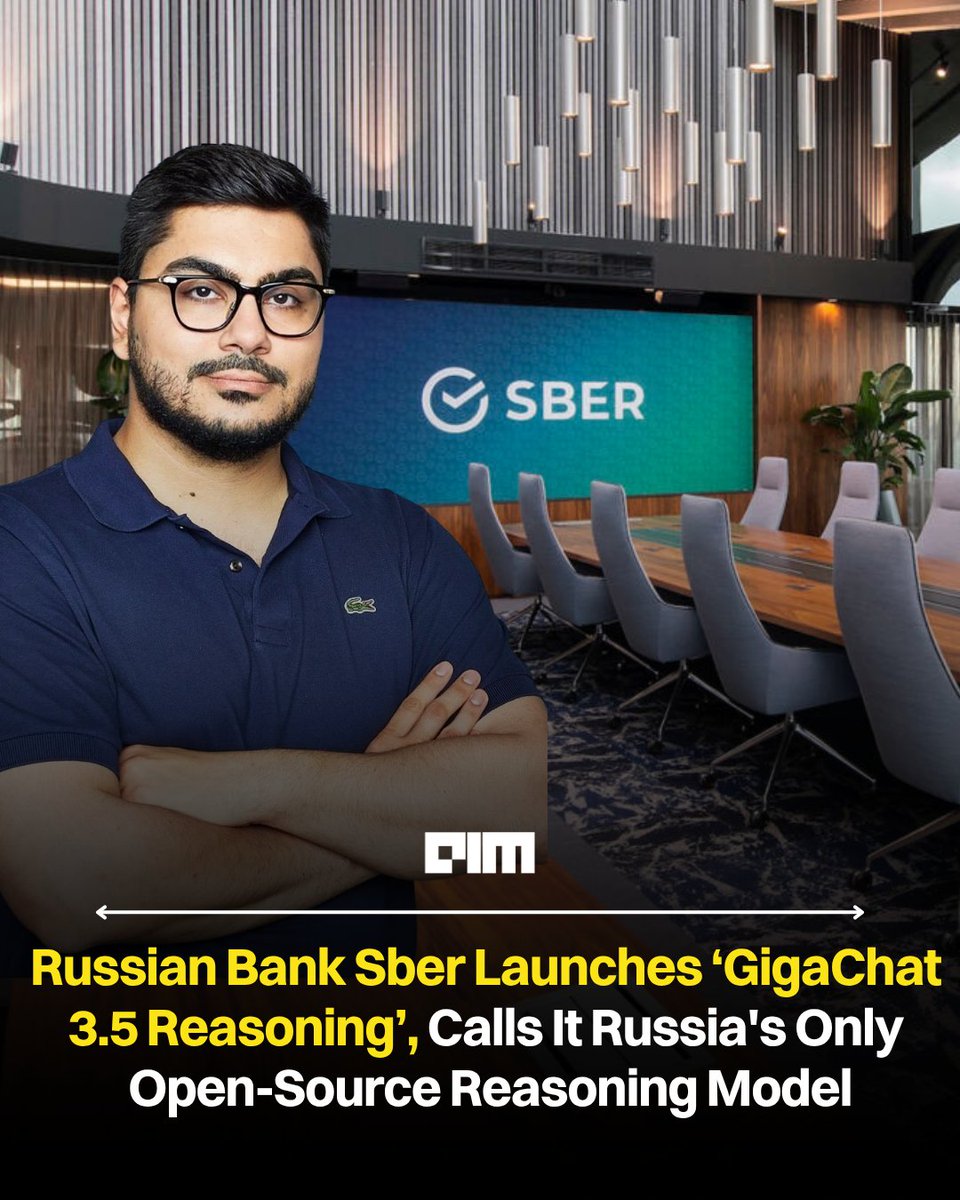 Analyticsindiam's tweet photo. Russian bank Sber (@sberbank) has launched GigaChat 3.5 Reasoning, a flagship model that can break complex problems into steps, use tools, and check its own work. Sber says it is the only Russian open-source model with a reasoning mode, free under the MIT licence.

According to the company, its IFBench score rose from 44 to 77, while Live Code Bench v6 went from 56 to 85. It uses an average of 37% fewer reasoning tokens than DeepSeek V4 Flash Preview in maths. Anton Frolov, Senior Vice President and Head of GenAI Development at Sberbank, said, "This is a vital step toward AI that can independently build a path to a result, act proactively, and interact with other services."

Read the full story here: https://t.co/HqdH9Lw02f

#GigaChat #Sber #AI #OpenSource #ReasoningModels
