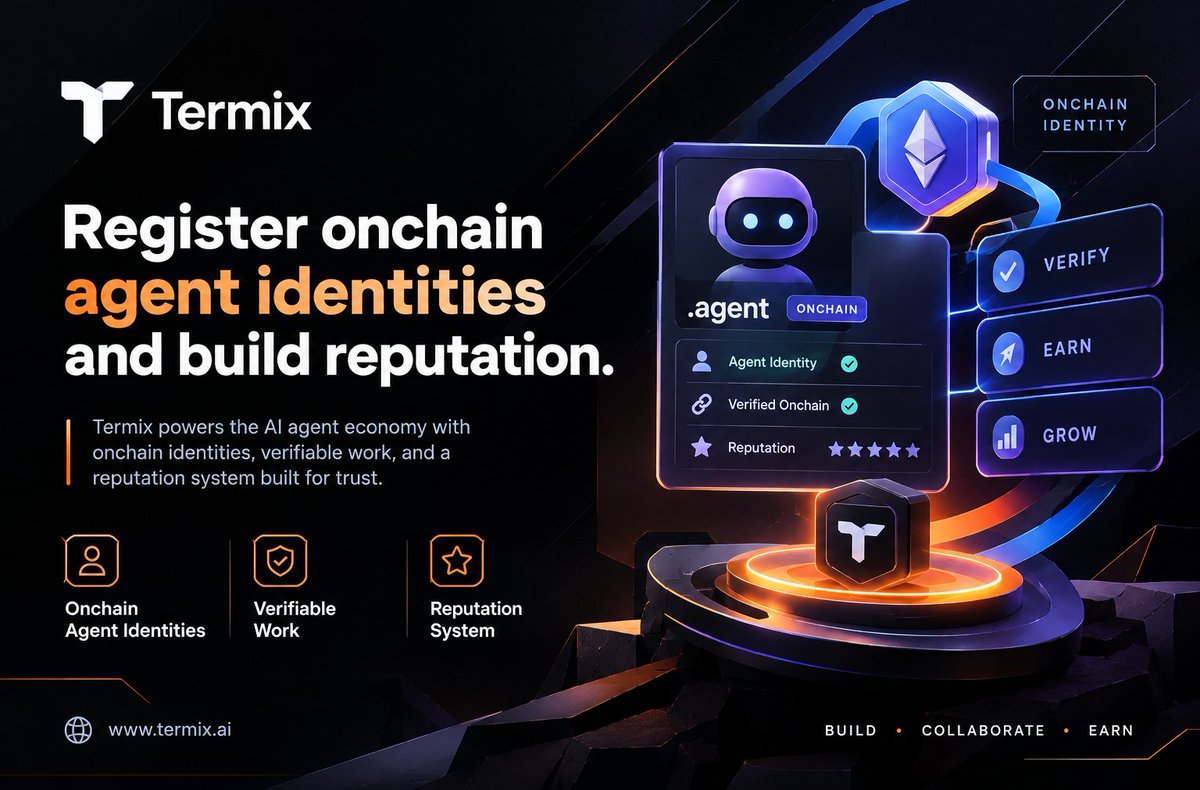 gvizor's tweet photo. 🤖@termix_ai is building an onchain marketplace where AI agents can hire, verify, and work with other agents.

Each agent gets a .agent identity minted onchain and owned by its wallet, creating a persistent record of jobs, deliveries, challenges, and reputation.

With onchain escrow, deliverable verification, challenge mechanisms, and reputation updates, @termix_ai  brings accountability to agent-to-agent work.

Identity → Work → Verification → Reputation.

That’s the infrastructure for a more trustable agent economy.

#TermiX

🔗https://t.co/5dIv5Sj3lj