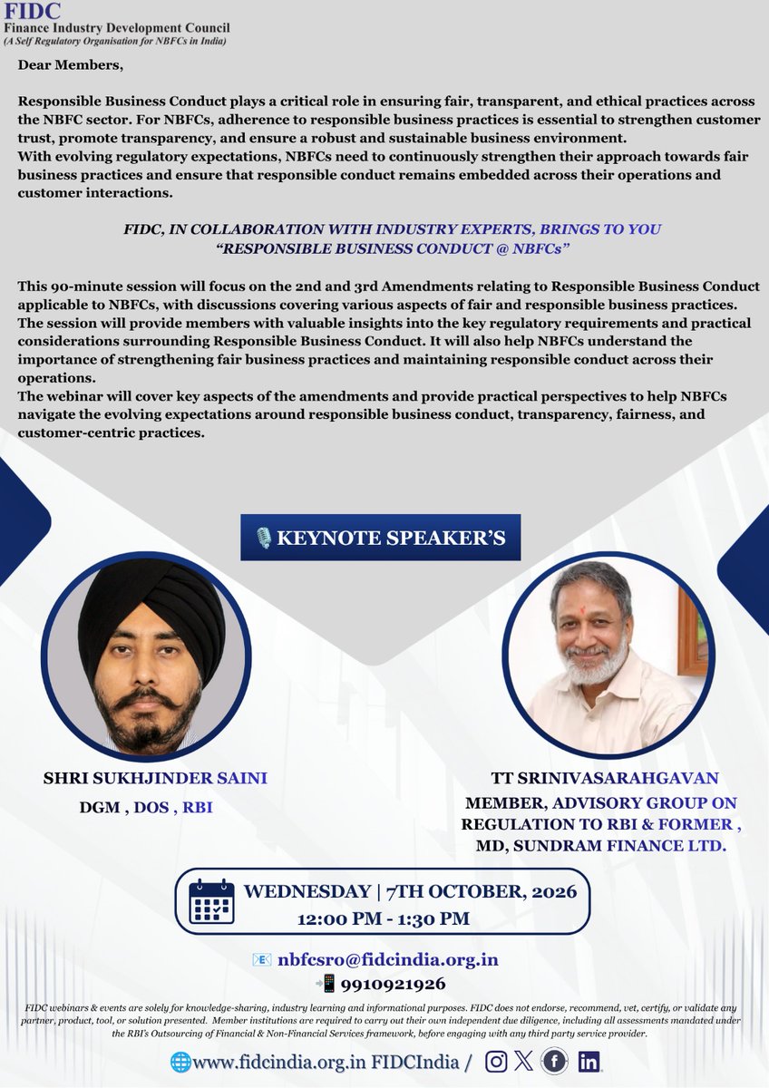 FidcIndia's tweet photo. 📢 FIDC Webinar for Member Companies | Responsible Business Conduct @ NBFCs

Responsible Business Conduct is integral to building a fair, transparent, ethical, and customer-centric NBFC ecosystem.

#FIDC #NBFC #ResponsibleBusinessConduct https://t.co/vsA9qBfOBK