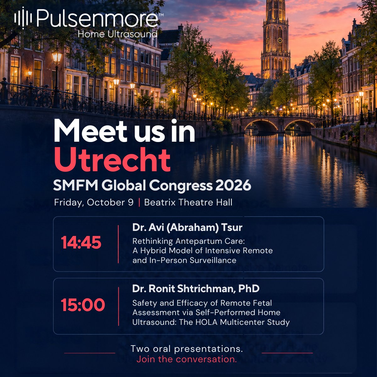 pulsenmore's tweet photo. Join Pulsenmore at the SMFM Global Congress.
Dr. Avi Tsur: Rethinking Antepartum Care: A Hybrid Model of Intensive Remote &amp; In-Person Surveillance
Dr. Ronit Shtrichman: Safety &amp; Efficacy of Remote Fetal Assessment via Self-Performed Home Ultrasound: The HOLA Multicenter Study https://t.co/JJ1jOqy6nt
