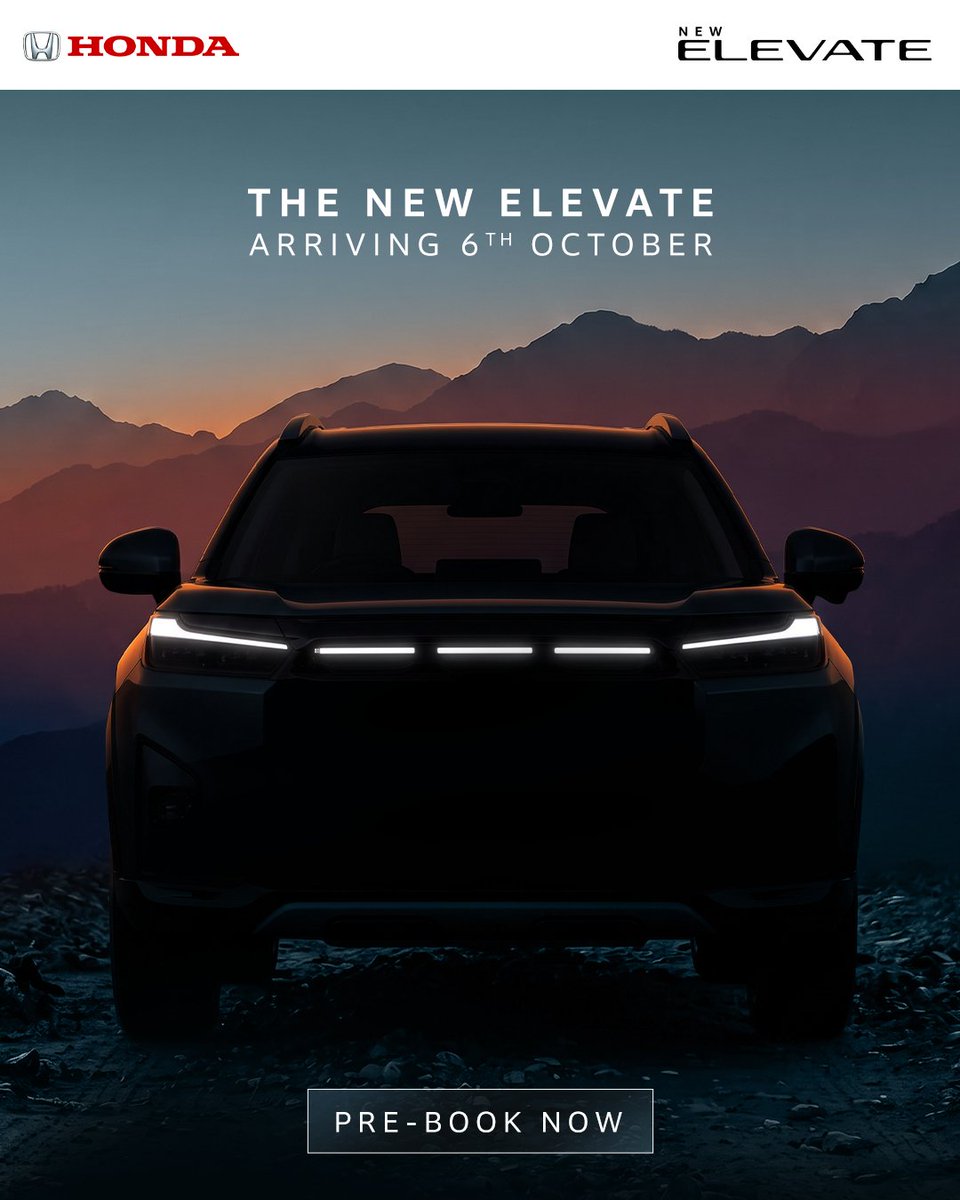 HondaCarIndia's tweet photo. A new road. A new adventure.   
It’s time for a new exploration.   

The New Honda Elevate. Arriving  6th October.    
Pre-book now!    

https://t.co/tvOUw6WQNO
    
#NewElevate #NewElevateLaunch #PreBook #Launch #Elevate #Honda #HondaCarIndia https://t.co/jcvZlp6y9R