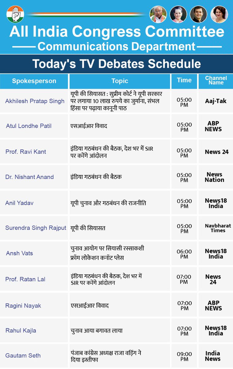 AICCMedia's tweet photo. भारतीय राष्ट्रीय कांग्रेस की ओर से आज टेलीविज़न बहसों में निम्नलिखित प्रवक्ता पार्टी का प्रतिनिधित्व करेंगे।

@AkhileshPSingh on @aajtak 

@atullondhe on @ABPNews 

@Profravikant79 on @news24tvchannel 

@drnishantadv on @NewsNationTV 

@anil100y on @News18India 

@ssrajputINC on @TNNavbharat 

@anshvatsinc on @News18India 

@ratanlal72 on @news24tvchannel 

@NayakRagini on @ABPNews 

@Rahulsinghkajla on @News18India 

@GautamSeth_INC  on @NetworkItv 

@INCAmritGill on @BhaaratExpress 

@PrashantINCNS on @newsindia24x7_ 

@mehartweets on @News9Tweets 

@Pooja_Tripathii on @IndiaToday
