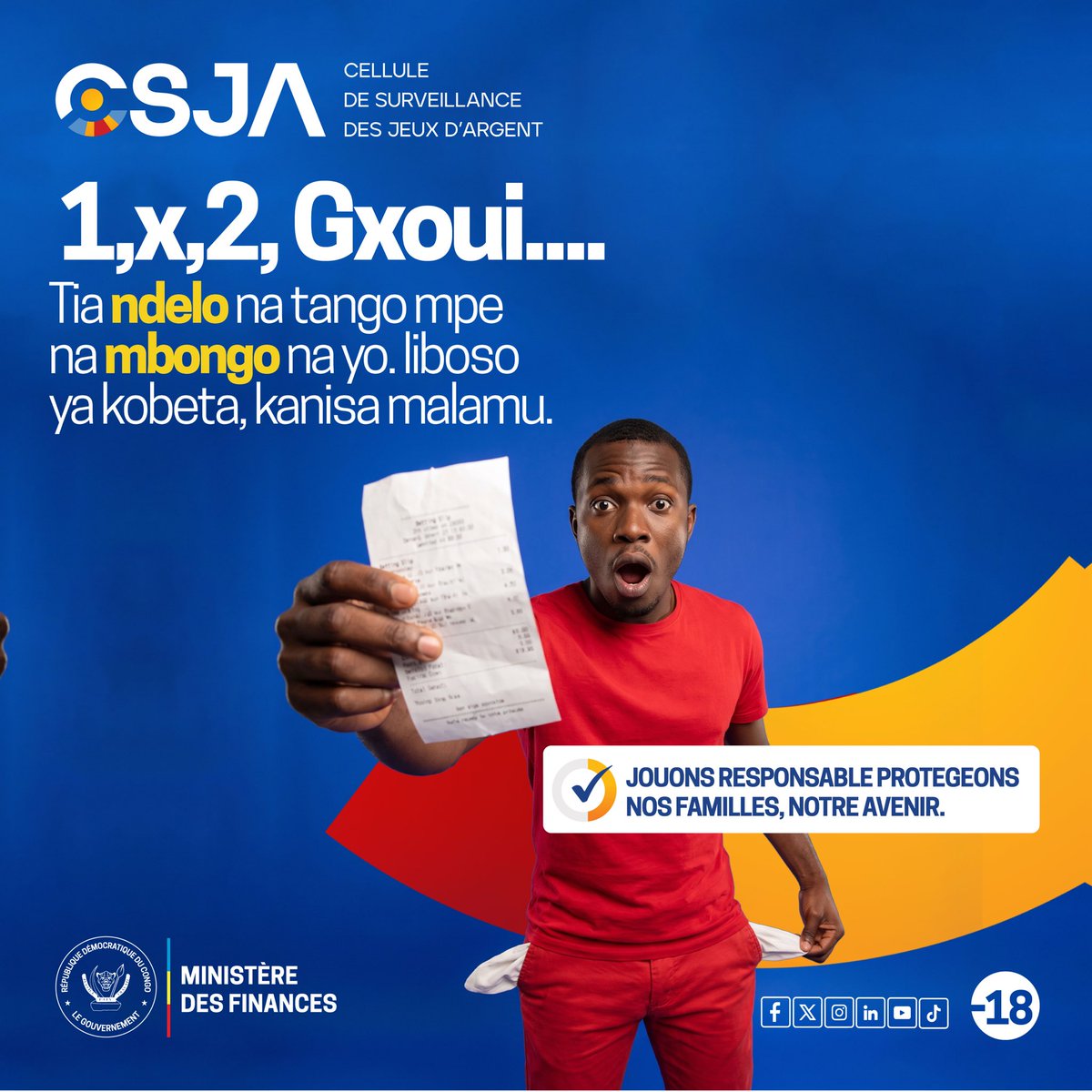 CSJARDC's tweet photo. Tia ndelo na tango mpe na mbongo nayo.

Yango wana @financesrdc, na nzela ya
Cellule de Surveillance des Jeux d'Argent - CSJA, aza
ko yebisa que jeu ya masano ya mbongo eza pona ko
sepelisa.

⚠️Jouons responsable protégeons nos familles, notre avenir

#CSJA #JeuResponsable #FinancesRDC