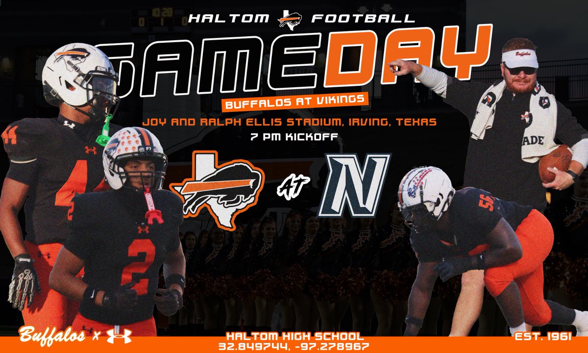 HHSBuffFootball's tweet photo. GAMEDAY. 

Buffalos at Vikings

📍 Joy and Ralph Ellis Stadium 

⏰ 7PM

#haltomfamily 🦬⚫️🦬🟠 https://t.co/KQs0j1j4PK