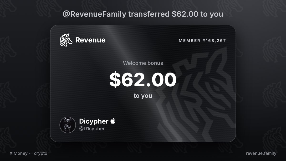 D1cypher's tweet photo. @RevenueFamily Welcome bonus received, $62.00 from @RevenueFamily https://t.co/2Jk2rVzBKz