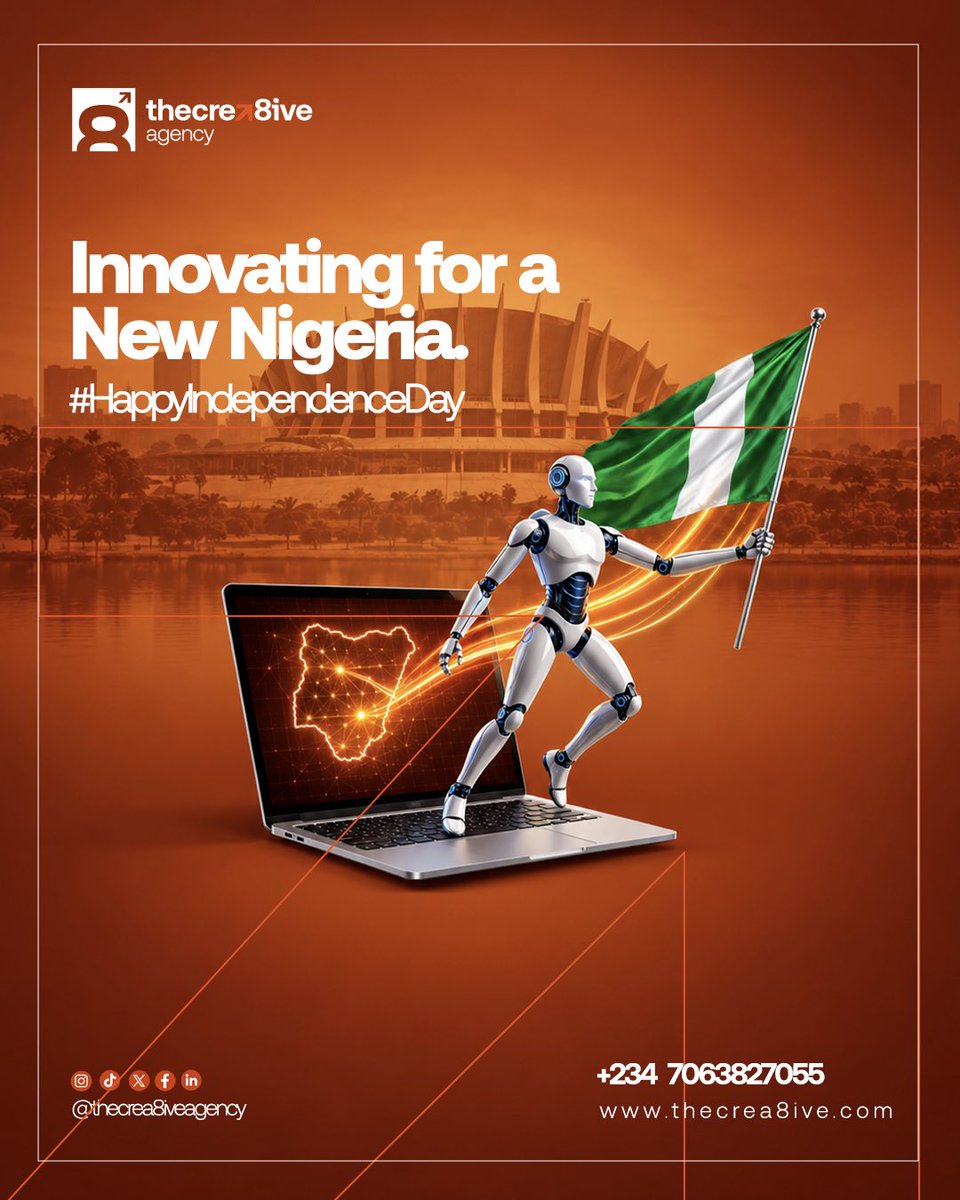 Thecrea8ive's tweet photo. 🇳🇬 INNOVATING FOR A NEW NIGERIA. 🚀

🇳🇬 Happy Independence Day, Nigeria!

A new chapter begins. A bold vision takes shape. At TheCrea8ive Agency, we believe Nigeria’s future will be shaped by creativity, technology, innovation and the courage to imagine beyond today. https://t.co/xKt3HquRk5
