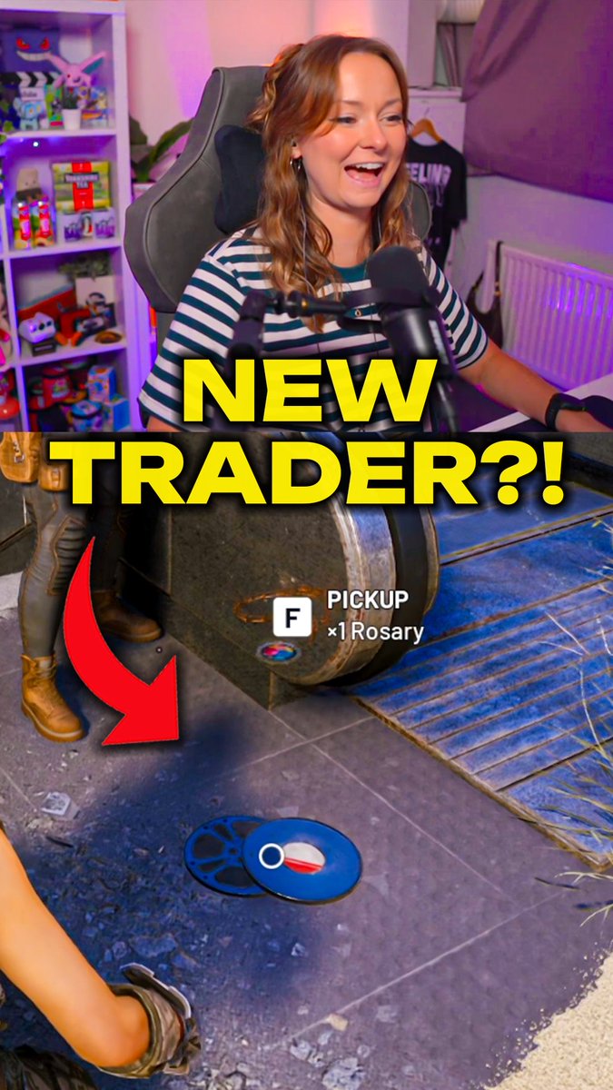 A gaming content thumbnail featuring a smiling woman in a gaming chair above gameplay footage showing a 'PICKUP x1 Rosary' item, with bold yellow text asking 'NEW TRADER?!' and a red arrow.