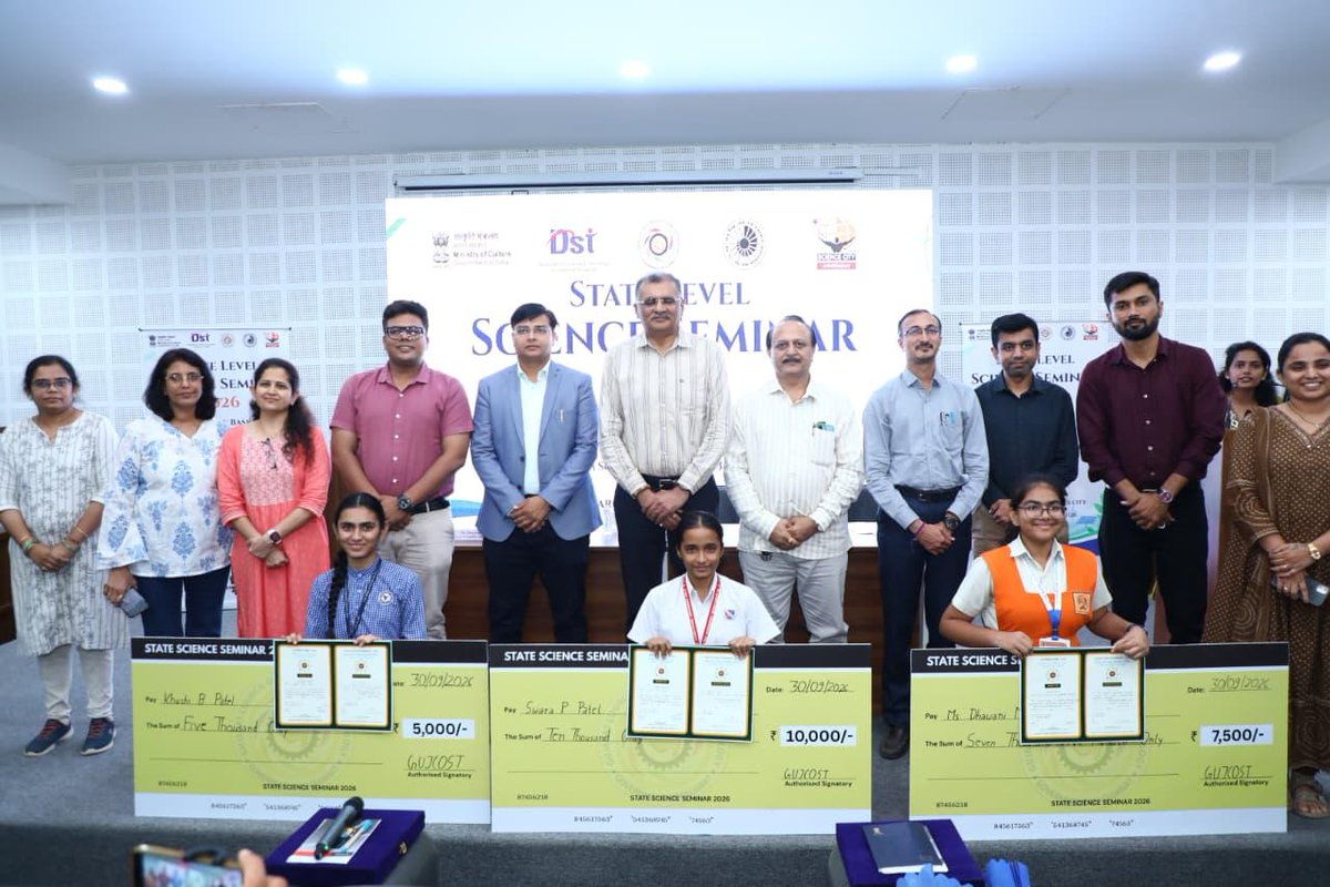 InfoGujcost's tweet photo. #NationalScienceSeminar (NSS) is an initiative of the National Council of Science Museums (#NCSM), Ministry of Culture, Govt. of India.   

#GUJCOST is the nodal agency for conducting District & State Level Science Seminars in Gujarat. State Level #NSS organized on 30th September 2026 @GujScienceCity

Heartiest congratulations to our young achievers Swara P. Patel (Gandhinagar), Dhawani Mayurbhai Vaishnani (Junagadh) and Khushi B. Patel (Anand) for their outstanding achievement on the theme “Indian Energy Basket 2047: Prospects and Challenges.”   

Among winners, Swara P. Patel will represent #Gujarat at the National Level at National Science Centre, Delhi, on 30 October 2026.   

Go ahead and #shine bright on the #national stage !