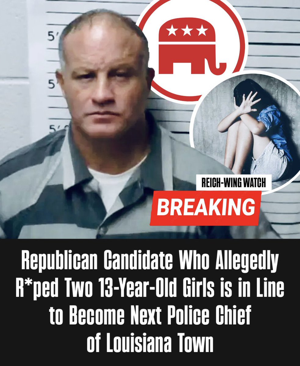 ReichWingWatch's tweet photo. 🚨BREAKING: A Republican candidate accused of r*ping two 13-year-old girls is on track to become the next police chief of a Louisiana town, because his only opponent just dropped out of the race.

Chris Paul, who is running for police chief in the Village of Elizabeth, was arrested earlier this month on two counts of second-degree r*pe, according to KPLC. He is accused of r*ping two 13-year-old girls between 2005 and 2006. Paul is out on bond and has not been convicted of anything.

His opponent, Zachary LaCaze, says he was told to choose between his campaign and his civilian security job at Fort Polk, and he chose the paycheck that supports his wife and son. That leaves Paul with a possible automatic victory.

The Louisiana Secretary of State’s Office confirmed that Paul is eligible to hold office unless he is convicted of a felony. That means a man facing child r*pe charges could legally be handed a badge and a gun while his case is still pending. LaCaze’s name will stay on the ballot, but signs will tell voters the race has been canceled.

Paul declined to comment and says he plans to stay in the race.